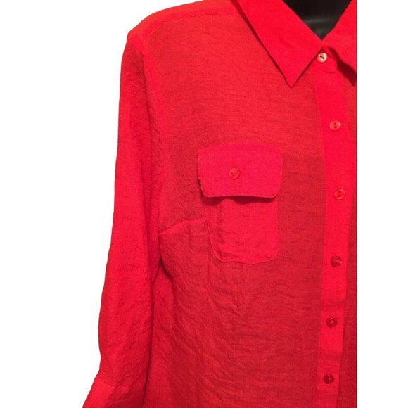 Mystique Aura Blouse Womens Petite XL PXL Coral Pink Top Long Sleeve Semi Sheer - Picture 3 of 7